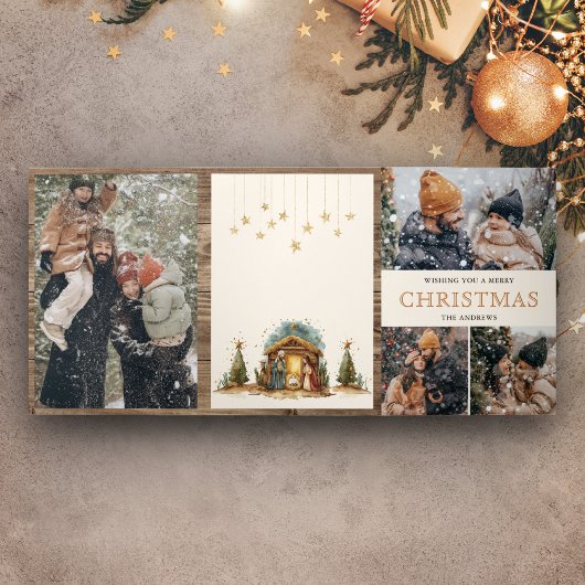 素朴なクリスマス生誕の場面の写真コラージュ 三つ折りクリスマスカード