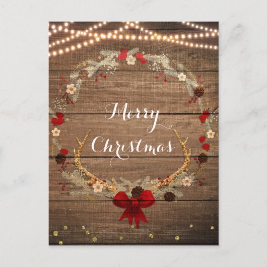 素朴なクリスマス鹿の角リース 木とライト シーズンポストカード (正面)