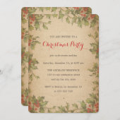 素朴なクリスマス・パーティのヴィンテージのヒイラギのリースのボーダー 招待状 (正面/裏面)