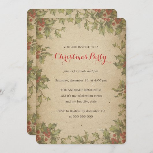素朴なクリスマス・パーティのヴィンテージのヒイラギのリースのボーダー 招待状 (正面/裏面)