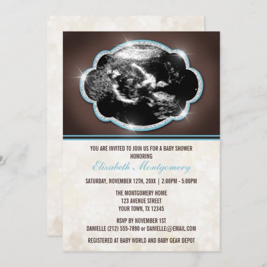 素朴なグリッターの青いエコー検査のベビーシャワー 招待状 (正面/裏面)