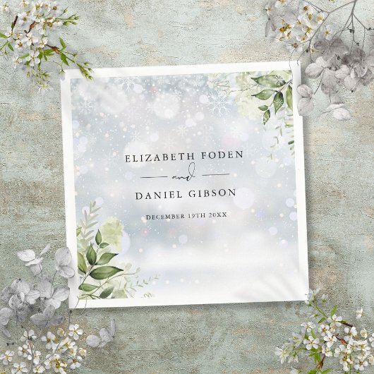 素朴なグリーンと花の冬の雪の結晶 スタンダードカクテルナプキン