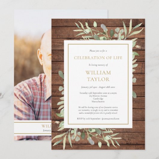 素朴なグリーンのライフセレブレーション写真 葬儀 招待状 (正面/裏面)