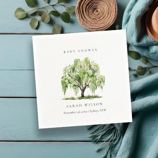 素朴なグリーンの水彩画の柳の木のベイビーシャワー スタンダードカクテルナプキン