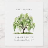 素朴なグリーンの水彩画の柳の木のベビーシャワー ワインラベル (シングルラベル)