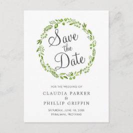 素朴なグリーンオリーブの葉のリース Save the Date 案内ポストカード