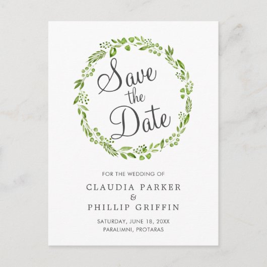 素朴なグリーンオリーブの葉のリース　Save the Date 案内ポストカード (正面)
