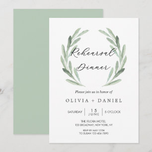 素朴なグリーンオリーブブランチリースのリハーサルディナー 招待状