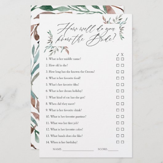 素朴なグリーン Winter ブライダルシャワー ゲーム (正面/裏面)