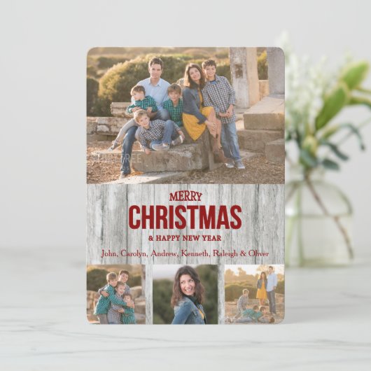 素朴なグレーの木製パネル 4枚の写真テンプレート ホリデー シーズンカード (スタンド正面)