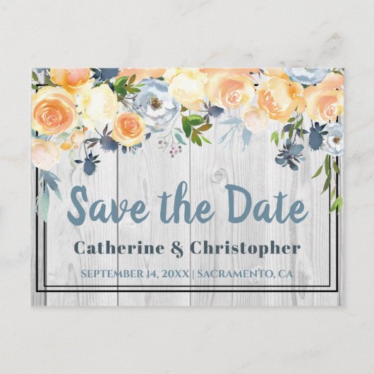素朴なグレーの納屋の木の花のSave the Date ポストカード (正面)