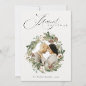 素朴なコットンと松ぼっくりの写真を使ったクリスマスリース シーズンカード (正面)