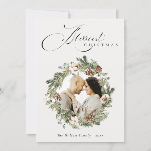 素朴なコットンと松ぼっくりの写真を使ったクリスマスリース シーズンカード (正面)