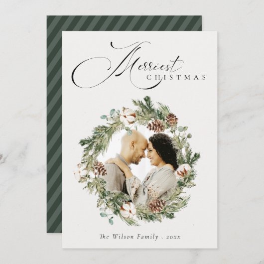 素朴なコットンと松ぼっくりの写真を使ったクリスマスリース シーズンカード (正面/裏面)