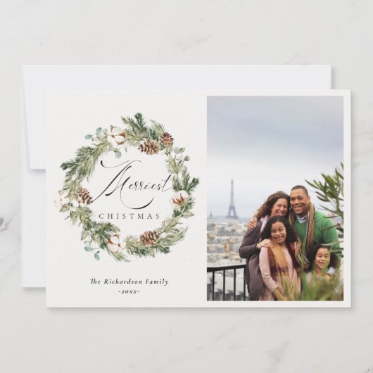 素朴なコットン 松ぼっくり 写真 クリスマスリース シーズンカード (正面)