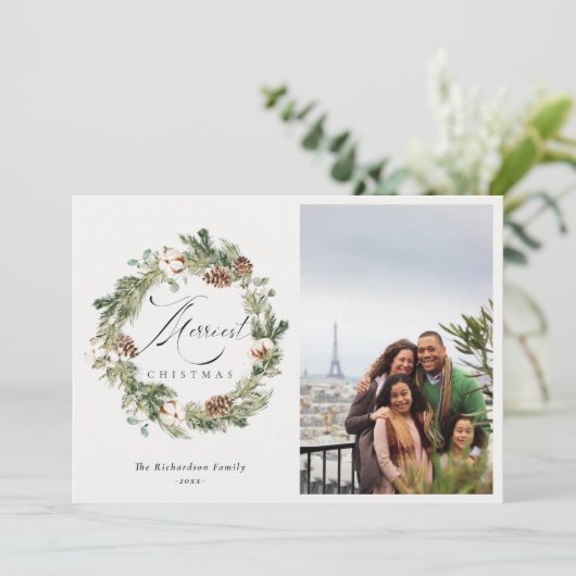 素朴なコットン 松ぼっくり 写真 クリスマスリース シーズンカード (スタンド正面)