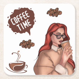 素朴なコーヒーのカプチーノ ブラウンのイラスト スクエアペーパーコースター