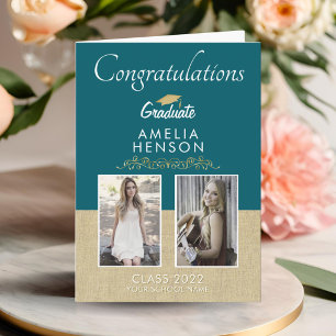 素朴なゴールドの装飾 卒業生 2 枚の写真 卒業おめでとう カード
