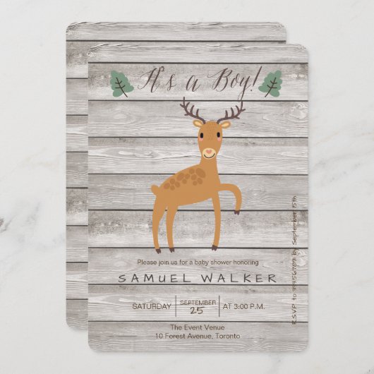 素朴なシカおよび木男の子のベビーシャワーの招待 招待状 (正面/裏面)