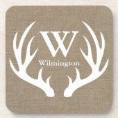 素朴なシカの(雄ジカの)枝角のフェイクなバーラップの姓 コースター (正面)