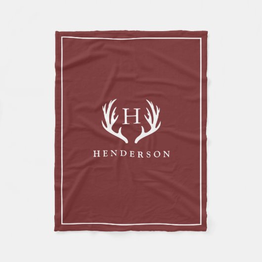 素朴なシカの(雄ジカの)枝角のモノグラムのクランベリーの赤 フリースブランケット (正面)
