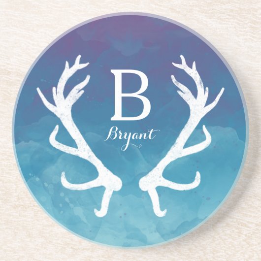 素朴なシカの(雄ジカの)枝角のモノグラムの青の水彩画 コースター (正面)