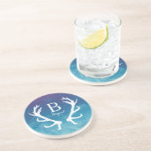 素朴なシカの(雄ジカの)枝角のモノグラムの青の水彩画 コースター (側面)