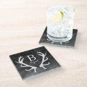 素朴なシカの(雄ジカの)枝角のモノグラムの黒の水彩画 ガラスコースター (アングル)