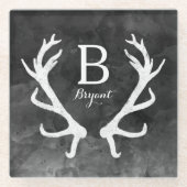 素朴なシカの(雄ジカの)枝角のモノグラムの黒の水彩画 ガラスコースター (正面)