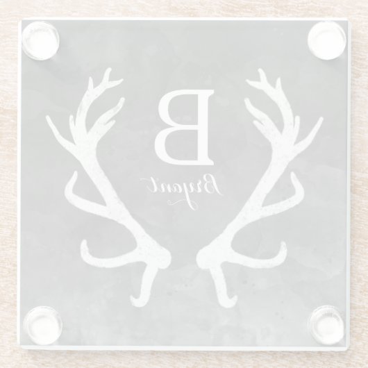 素朴なシカの(雄ジカの)枝角のモノグラムの黒の水彩画 ガラスコースター (裏面)