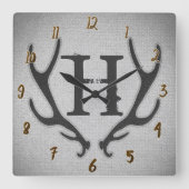 素朴なシカの(雄ジカの)枝角の灰色のフェイクなバーラップの質 スクエア壁時計 (正面)