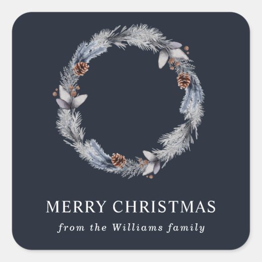 素朴なシルバー ブルーの冬の花輪のリース スクエアシール (正面)
