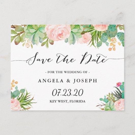 素朴なジューシーなサボテン 花のデザイン Save the Date 案内ポストカード (正面)