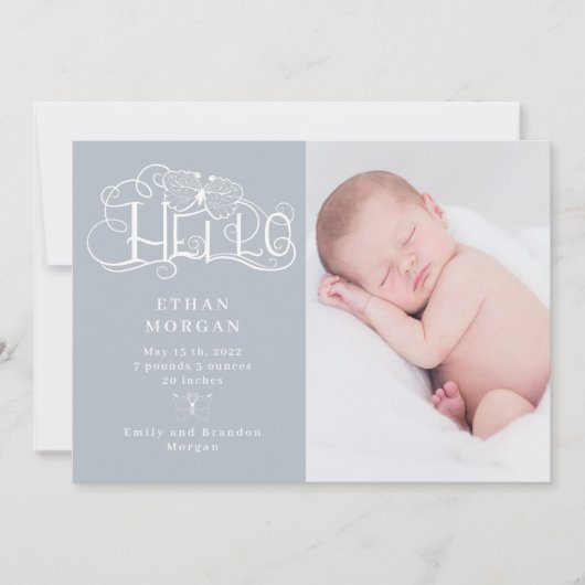 素朴なスクリプト蝶々青の誕生発表 招待状 (正面)