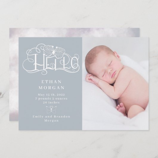 素朴なスクリプト蝶々青の誕生発表 招待状 (正面/裏面)