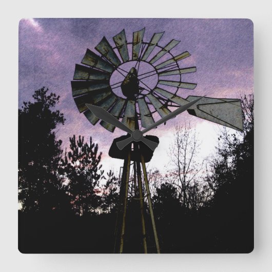 素朴なスケッチされた古い風車 スクエア壁時計 (正面)