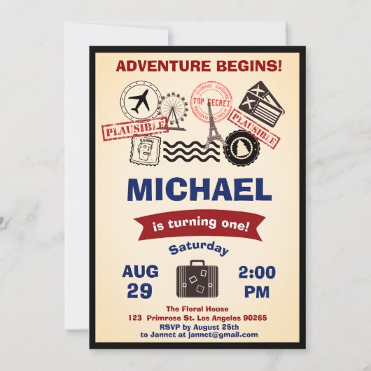素朴なスタンプの行先の誕生日の荷物旅行 招待状 (正面)
