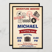 素朴なスタンプの行先の誕生日の荷物旅行 招待状 (正面/裏面)