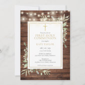 素朴なストリングライトとグリーンの初聖体拝領 招待状 (正面)