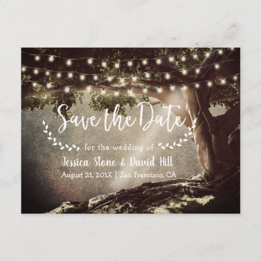 素朴なストリングライト ヴィンテージ ツリー セーブ・ザ・デート 案内ポストカード (正面)