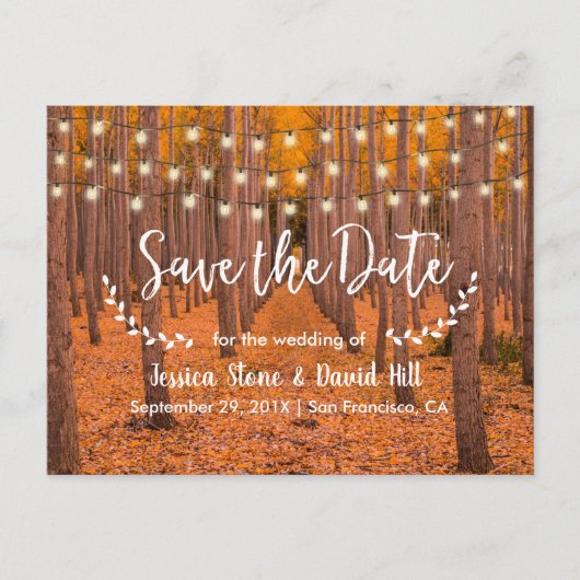 素朴なストリングライト 秋の結婚式 Save the Date 案内ポストカード (正面)