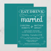 素朴なタイポグラフィのティール（緑がかった色）の青の結婚式招待状 招待状 (正面/裏面)