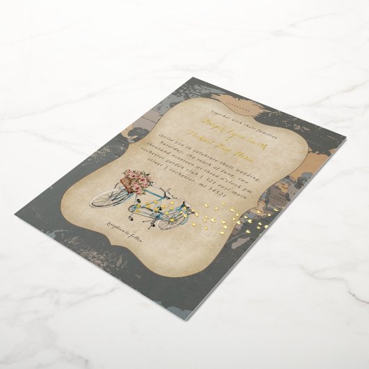素朴なタンデム自転車ワールド結婚マップ 箔招待状 (回転した状態)
