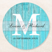 素朴なターコイズの木製の国の結婚式のモノグラム ラウンドペーパーコースター (正面)