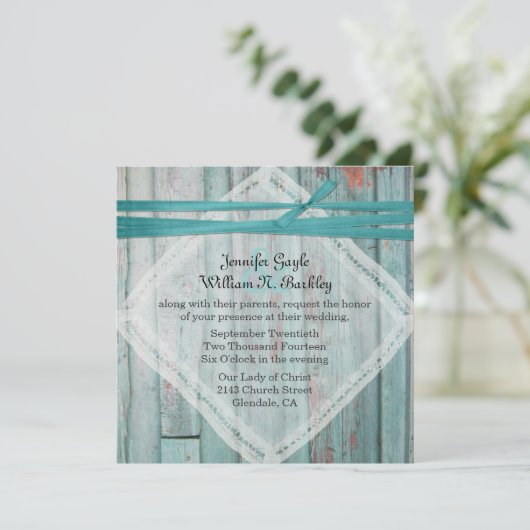 素朴なターコイズの色彩の鮮やかな木製の結婚式招待状 招待状 (スタンド正面)