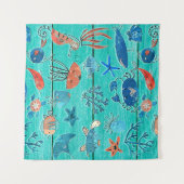 素朴なターコイズ色の木材 & 海の仲間たち ファンタジー タペストリー (正面(横))