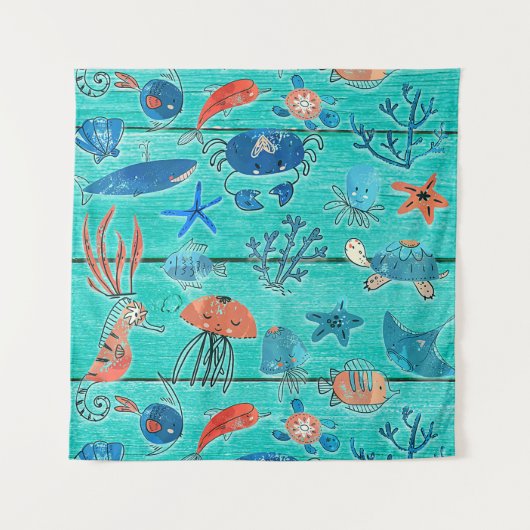 素朴なターコイズ色の木材 & 海の仲間たち ファンタジー タペストリー (正面)