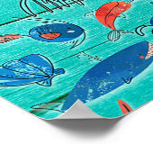 素朴なターコイズ色の木 & 海の仲間たち ファンシー ポスター (角)