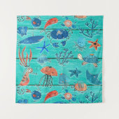 素朴なターコイズ色の木 & 海の仲間たち ファンタジー タペストリー (正面)