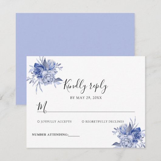 素朴なダスティーブルーのバラとその他の花 出欠カード (正面/裏面)